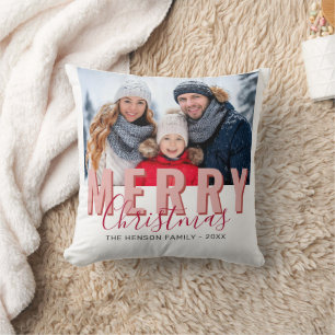 Pink Red Merry Christmas Script Family Photo Cushion