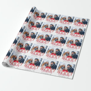 Pink Red Merry Christmas Script Family Photo Wrapping Paper