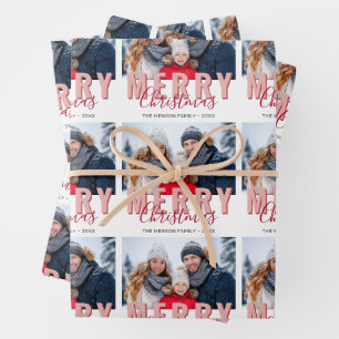 Pink Red Merry Christmas Script Family Photo Wrapping Paper Sheet
