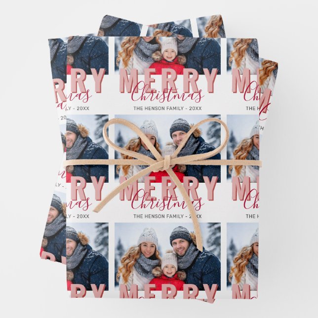 Pink Red Merry Christmas Script Family Photo Wrapping Paper Sheet (In situ)