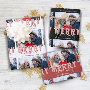 Pink Red Merry Christmas Script Family Photo Wrapping Paper Sheet