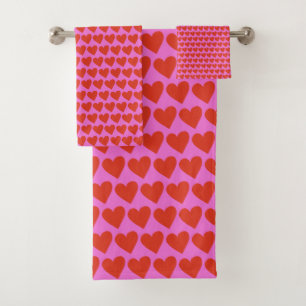 Pink Red Modern Retro Heart Pattern Valentine Cute Bath Towel Set