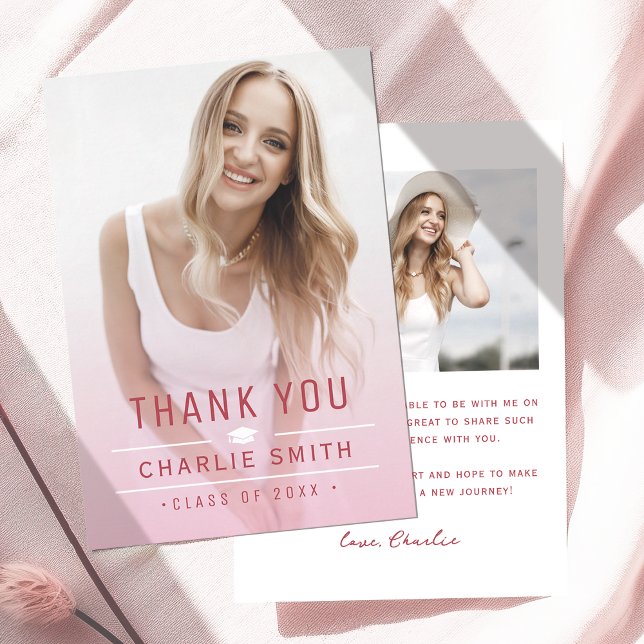 Pink Red Modern Simple Typography Photo Graduation Thank You Card (Pink Red Modern Simple Typography Photo Graduation Thank You Card)