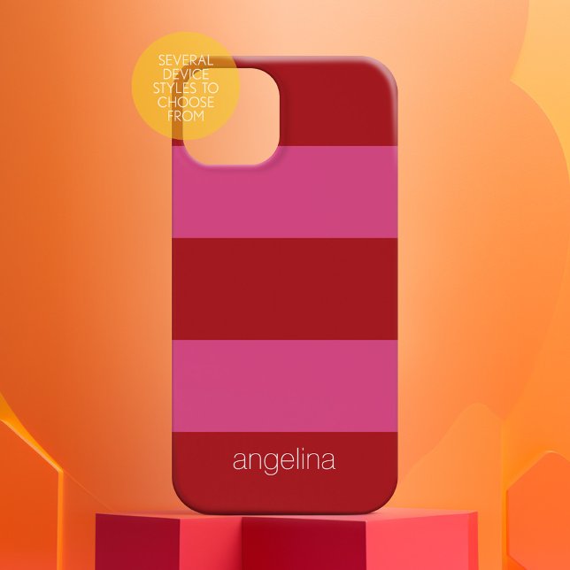 Pink Red Modern Striped Pattern with name iPhone 15 Case (Personalized Case-Mate Phone Case - Choose Your Device and Add Text or Completely Customize)
