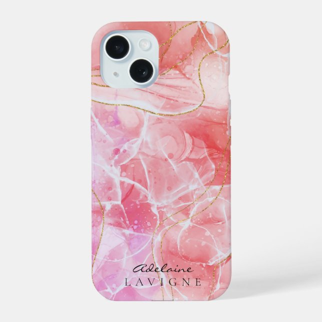 Pink Red Ombre watercolor Ink Customisable iPhone 15 Case (Back)