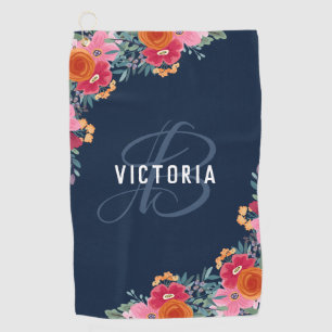 Pink Red Orange Floral Navy Monogram & Name Golf Towel