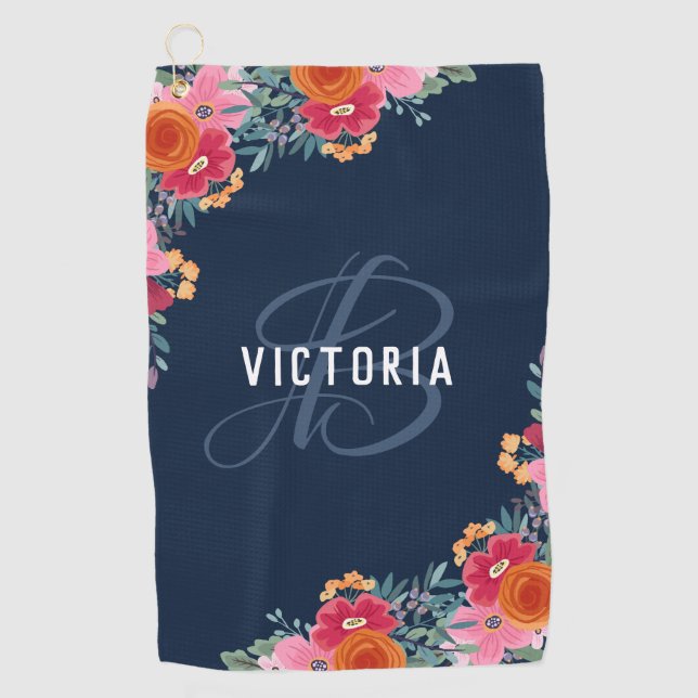 Pink Red Orange Floral Navy Monogram & Name Golf Towel (Front)