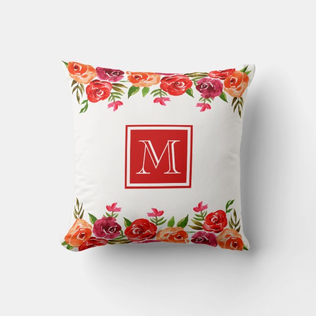 Pink Red Orange Flowers Monogrammed Cushion (Front)