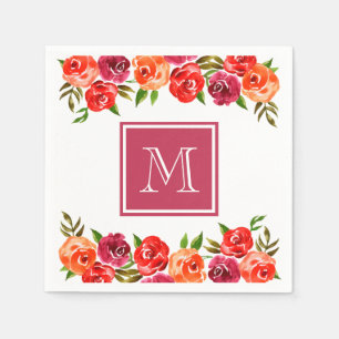 Pink Red Orange Flowers Monogrammed Napkin