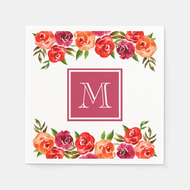 Pink Red Orange Flowers Monogrammed Napkin (Front)