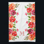 Pink Red Orange Flowers Monogrammed Tea Towel<br><div class="desc">Floral pattern of red, orange, pink and burgundy flowers and green leaves on ANY COLOR BACKGROUND - we show white. Personalise with a monogram, initials, name, or saying for yourself, a gift, wedding gift, or gift for mother's day.</div>