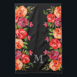Pink Red Orange Flowers on Black Tea Towel<br><div class="desc">Floral pattern of red,  orange,  pink and burgundy flowers and green leaves on ANY COLOR BACKGROUND - we show black. Personalise with a monogram,  initials,  name,  or saying. Great for yourself,  a gift,  wedding gift,  housewarming gift or  for mother's day.</div>