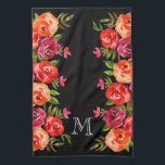 Pink Red Orange Flowers on Black Tea Towel<br><div class="desc">Floral pattern of red,  orange,  pink and burgundy flowers and green leaves on ANY COLOR BACKGROUND - we show black. Personalise with a monogram,  initials,  name,  or saying. Great for yourself,  a gift,  wedding gift,  housewarming gift or  for mother's day.</div>