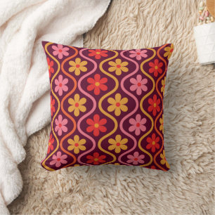 Pink Red Orange Flowers on Retro Ogee Pattern Cushion
