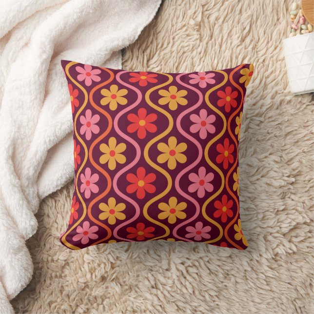 Pink Red Orange Flowers on Retro Ogee Pattern  Cushion (Blanket)