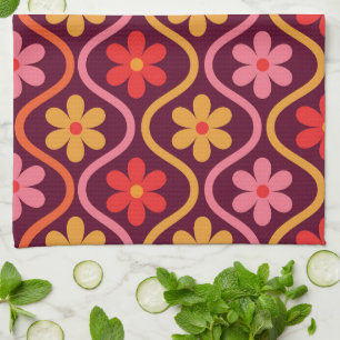 Pink Red Orange Flowers on Retro Ogee Pattern Tea Towel
