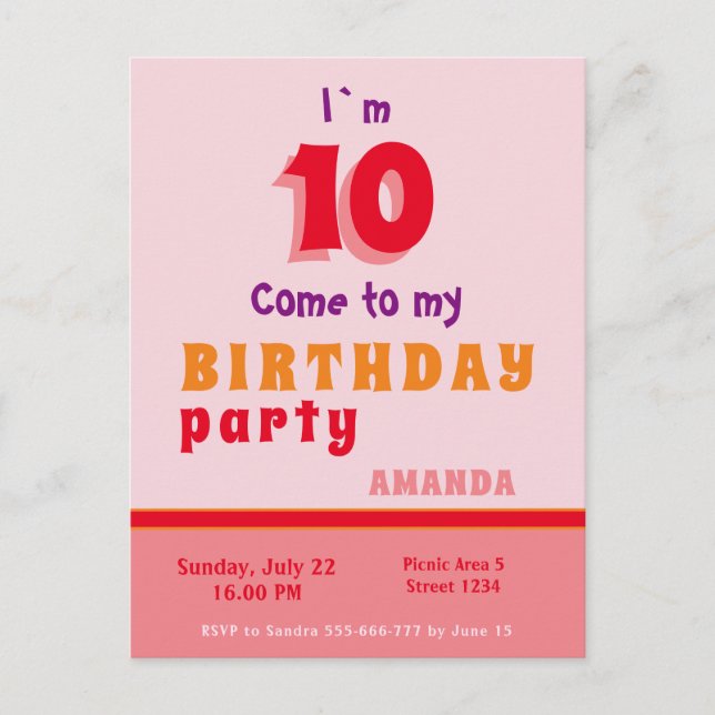Pink Red Orange Girly Birthday Party Invitation Postcard (Front)