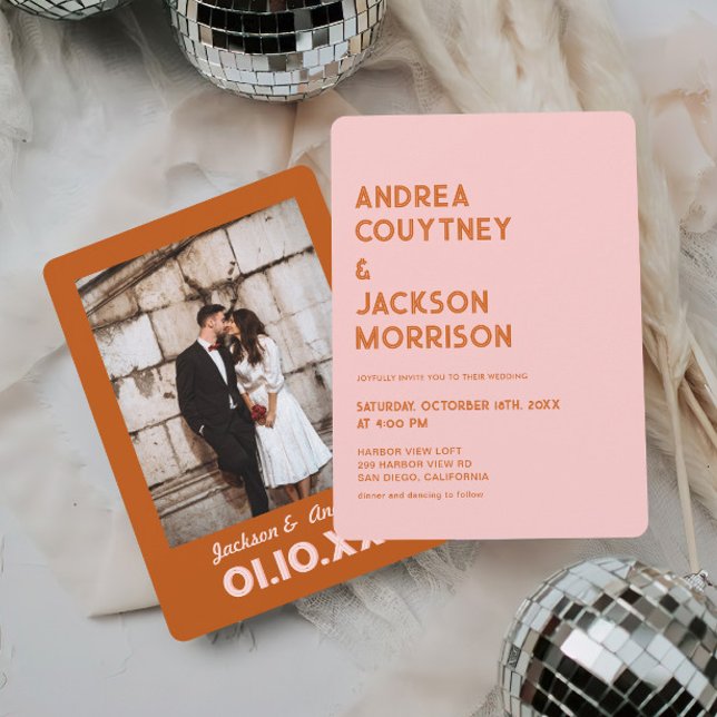 Pink Red Orange Groovy Retro 70s Wedding Invitation (Creator Uploaded)