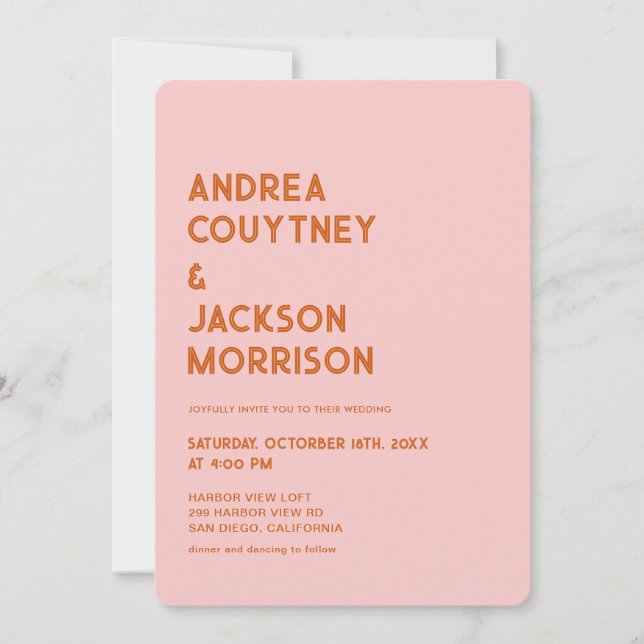 Pink Red Orange Groovy Retro 70s Wedding Invitation (Front)