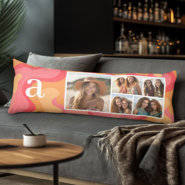 Pink Red Organic Curves Mod Monogram Photo Collage Body Cushion (Body Pillow with Photo Collage)