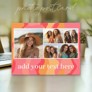Pink Red Organic Curves Mod Monogram Photo Collage Postcard
