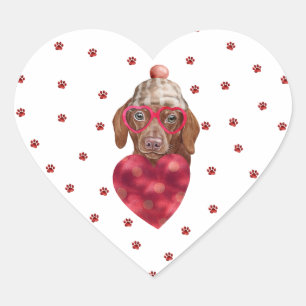 Pink Red Paws Brown Dachshund Dog Valentine's Heart Sticker