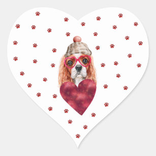 Pink Red Paws Cavalier Spaniel Dog Valentine's Heart Sticker