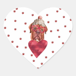 Pink Red Paws French Mastiff Dog Valentine's Heart Sticker