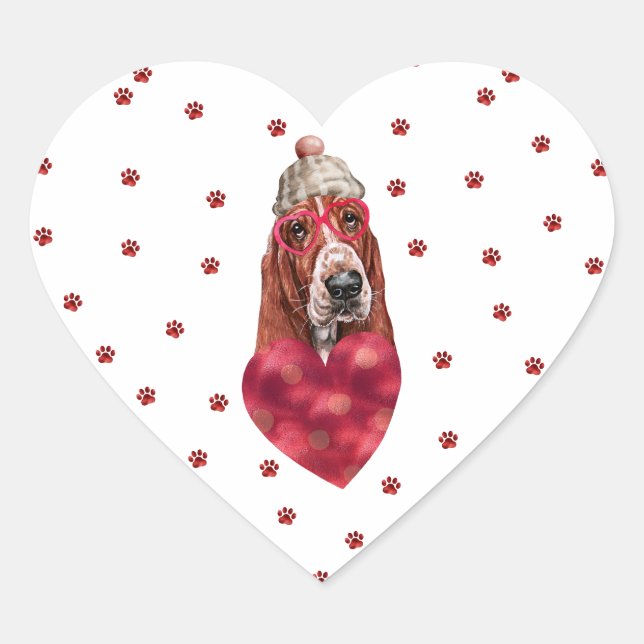 Pink Red Paws Heart Basset Hound Dog Valentines Sticker (Front)