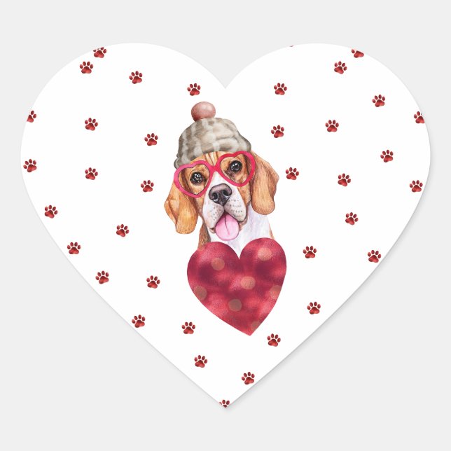 Pink Red Paws Heart Beagle Dog Valentines Heart Sticker (Front)