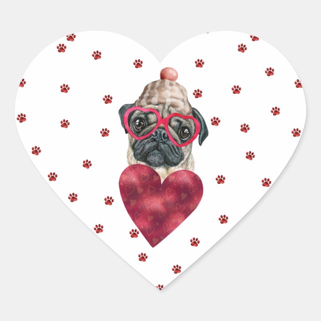 Pink Red Paws Heart Pug Dog Valentine's Heart Sticker (Front)