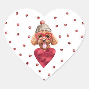 Pink Red Paws Poodle Dog Valentine's Heart Sticker