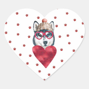 Pink Red Paws Siberian Husky Dog Valentine's Heart Sticker