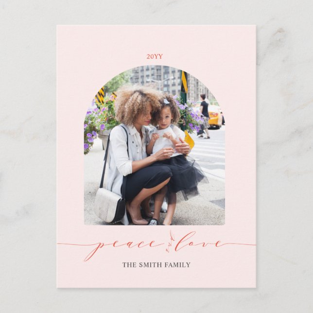 Pink & Red | Peace and Love Christmas Photo Holiday Postcard (Front)