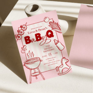 Pink & Red Polkadot BBQ Couples Baby-Q Baby Shower Invitation