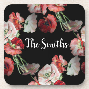 Pink & Red Poppies Pattern Custom Coaster