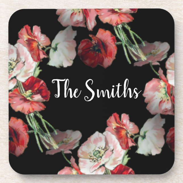 Pink & Red Poppies Pattern Custom Coaster (Front)