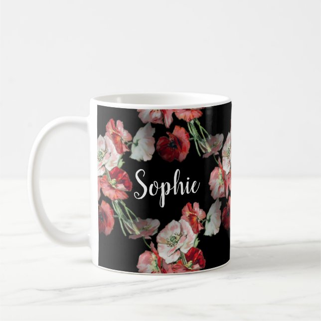 Pink & Red Poppies Pattern Custom Coffee Mug (Left)