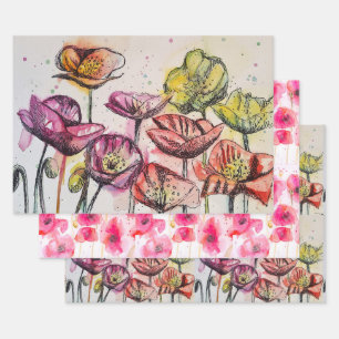 Pink Red Poppy Flower Floral Poppies Watercolor Wrapping Paper Sheet