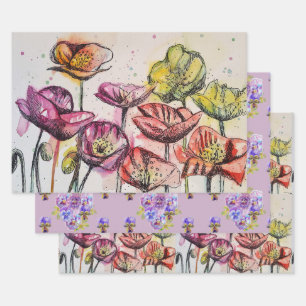 Pink Red Poppy Flower Floral Poppies Watercolor Wrapping Paper Sheet