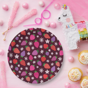 Pink Red Purple Strawberry With Flowers Paper Plate