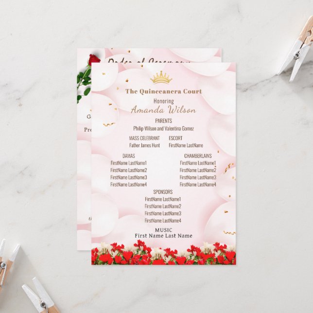 Pink Red Quinceanera Celebration Editable Program Invitation (Front/Back In Situ)