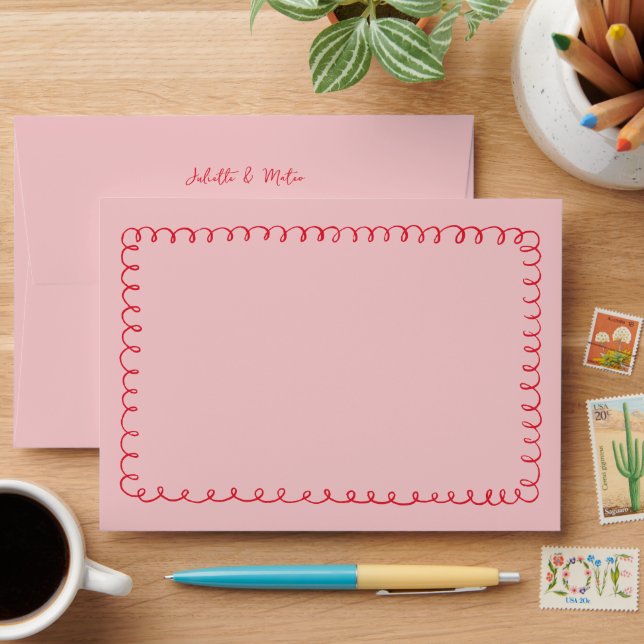 Pink-Red Quirky Doodle Frame Pre-Addressed Wedding Envelope (Desk)