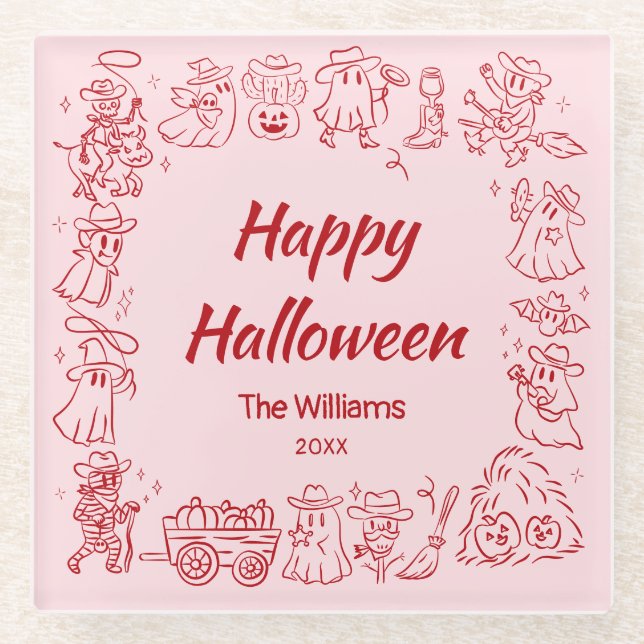 Pink Red Quirky Hand Drawn Doodles Halloween Glass Coaster (Front)
