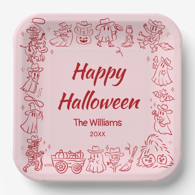 Pink Red Quirky Hand Drawn Doodles Halloween Paper Plate (Front)