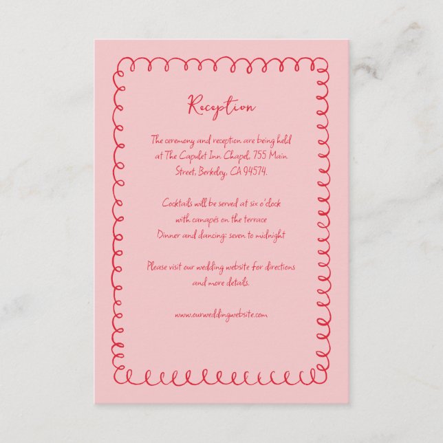 Pink Red Quirky Hand-drawn Frame Wedding Reception Enclosure Card (Front)