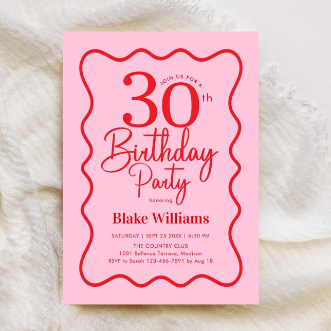 Pink Red Retro 30th Birthday Wavy Border Invitation (Creator Uploaded)