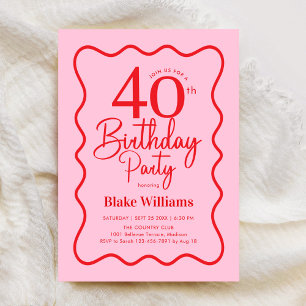 Pink Red Retro 40th Birthday Wavy Border Invitation