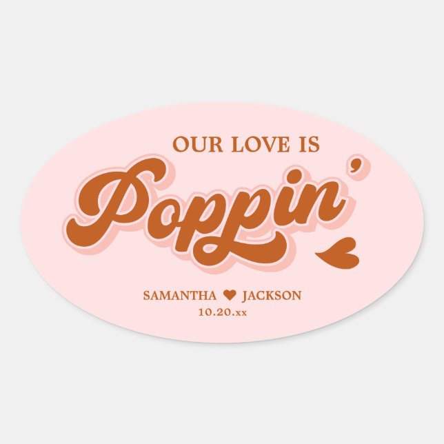 Pink Red Retro 70s Boho Popcorn Wedding Favour Oval Sticker (Front)