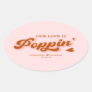 Pink Red Retro 70s Boho Popcorn Wedding Favour Oval Sticker